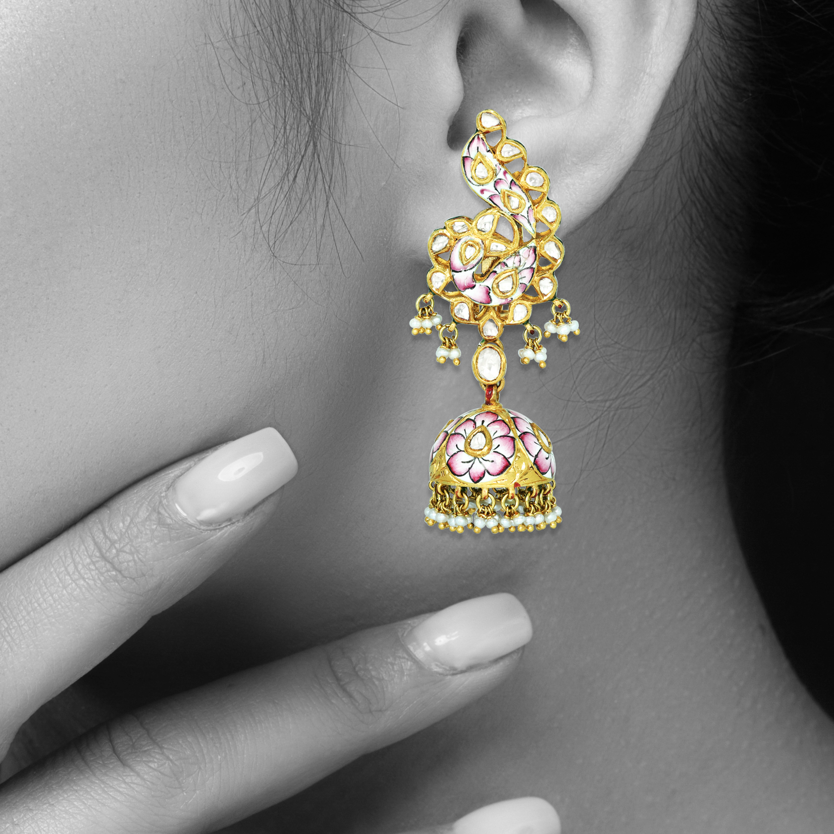 Polki Earrings with Pink Enamel Jhumkas and Pearls